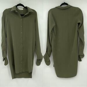 Aeron Women's Olive Green Long Sleeve Tie-Cuff Tunic Shirt Dress Size 4